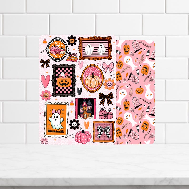 Reversible Kindle Case Insert, Haunted Dollhouse Pink Halloween Collage and Lace Pumpkin Bild 2