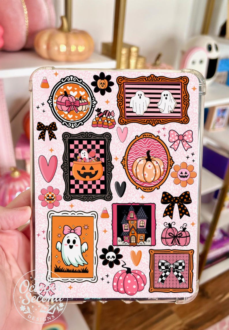 Reversible Kindle Case Insert, Haunted Dollhouse Pink Halloween Collage and Lace Pumpkin Bild 3