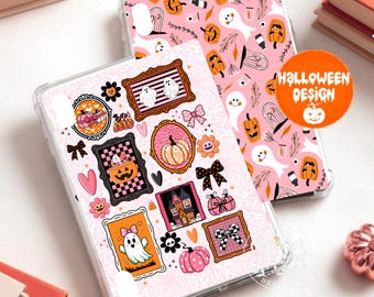 Reversible iPad Case Insert, Pink Halloween Frame Sticker Print and Ghost Pumpkin Pattern