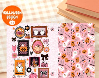 Reversible Kobo Case Insert, Pink Halloween Frame Sticker Print and Ghost Pumpkin Pattern