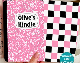 Reversible Kindle Case Insert, Custom Name Pink Composition Notebook & Pink Black Checker