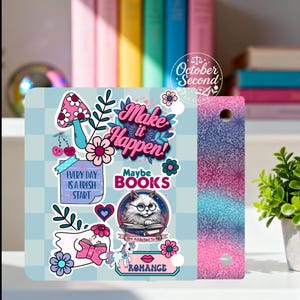 May include: A decorative bookend featuring a light blue checkered pattern with colorful stickers. The stickers include text that says "Make it Happen!" and "Maybe Books". Other stickers include a mushroom, flowers, a cat, and a unicorn. The right side has a gradient of pink, blue, and purple.