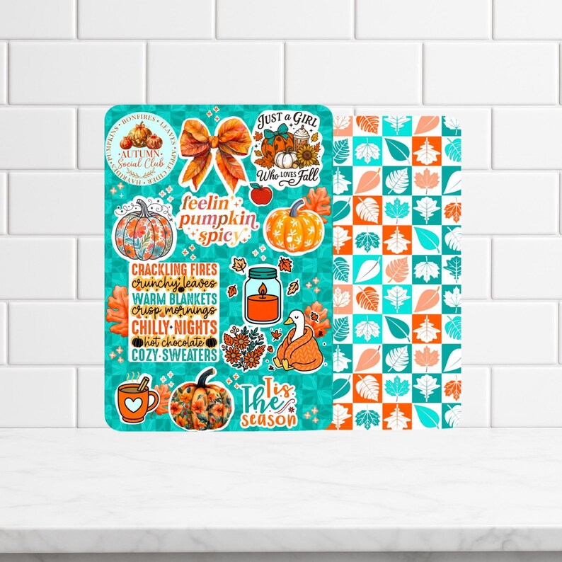 Reversible Kindle Case Insert, Feelin Pumpkin Spice Sticker Collage and Leaf Checker image 2