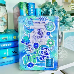 Reversible Kindle Insert, Bookish Sticker Art, Blue Green Checkerboard, Reader Gift
