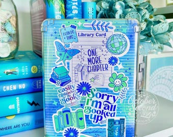 Reversible Kindle Insert, Bookish Sticker Art, Blue Green Checkerboard, Reader Gift