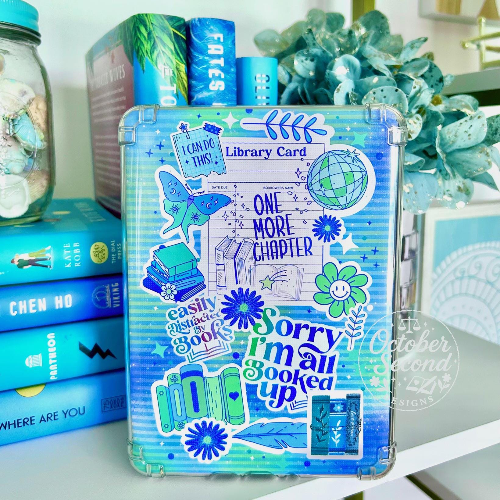 Reversible Kindle Insert, Bookish Sticker Art, Blue Green Checkerboard, Reader Gift