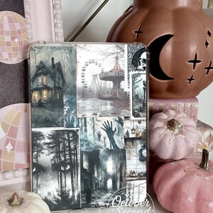Inserto reversible para funda Kindle, collage de fotos gótico de Halloween y cuadros blancos y negros. imagen 4