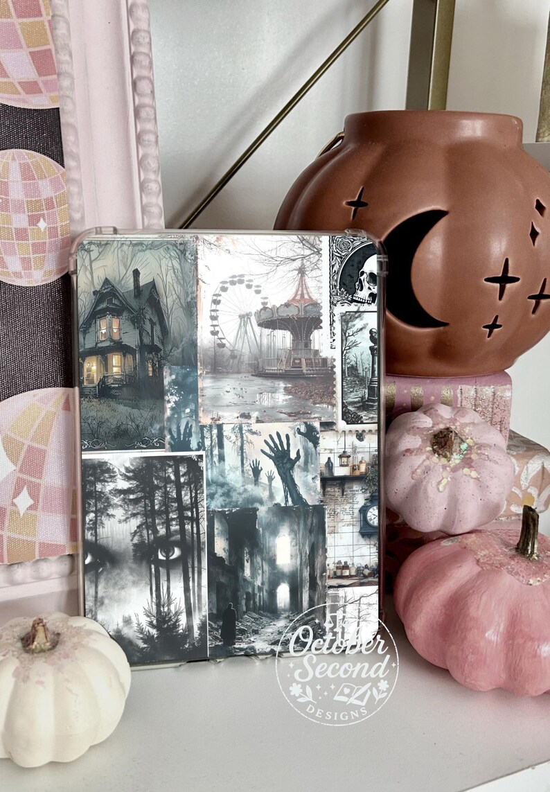Inserto reversible para funda Kindle, collage de fotos gótico de Halloween y cuadros blancos y negros. imagen 4