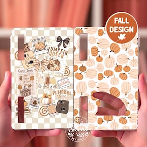 May include: A tablet case featuring two distinct designs. The left side displays a beige checkered pattern with various fall-themed stickers, including pumpkins, cameras, and text like Pumpkin Queen. The right side shows a repeating pumpkin pattern.