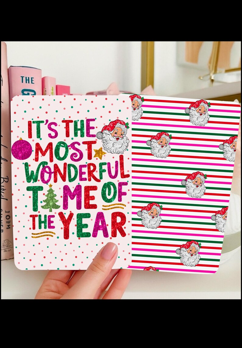 Reversible Kindle Case Insert, Most Wonderful Time Christmas Lettering and Santa Stripe afbeelding 1