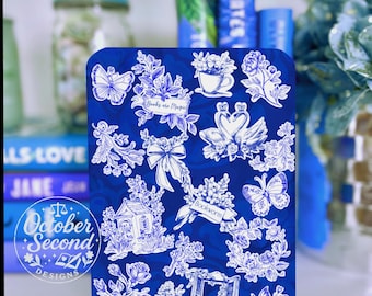 Reversible Kindle Case Insert, Blue Toile Bookworm Sticker Collage and Chinoiserie Floral, Paperwhite Scribe