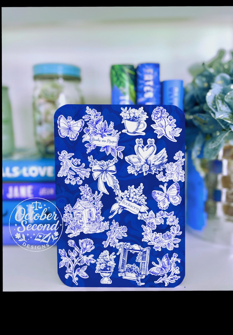 Reversible Kindle Case Insert, Blue Toile Bookworm Sticker Collage and Chinoiserie Floral, Paperwhite Scribe image 1