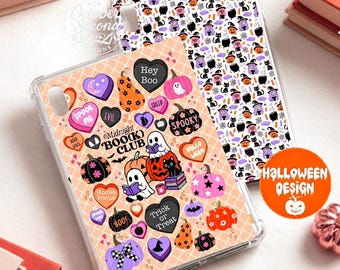 Reversible iPad Case Insert, Halloween Candy Heart Sticker Print and Purple Witch Pattern