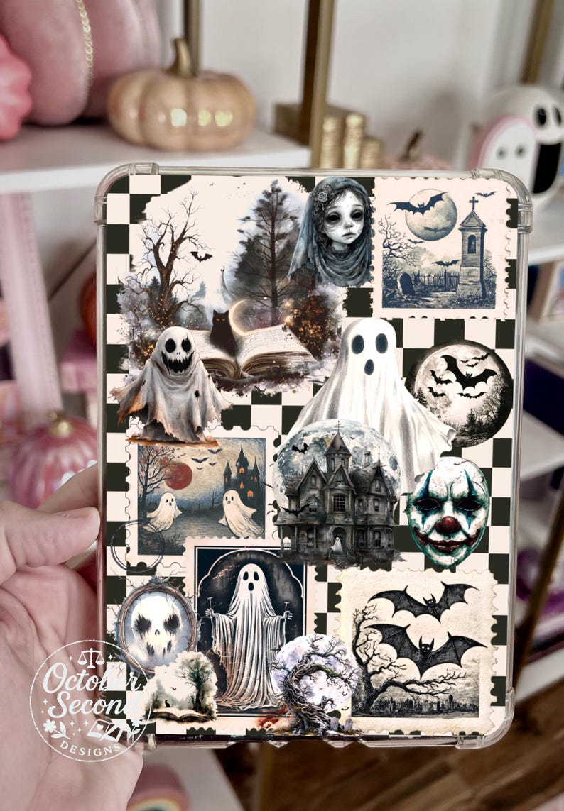 Inserto reversible para funda Kindle, collage de fotos gótico de Halloween y cuadros blancos y negros. imagen 5