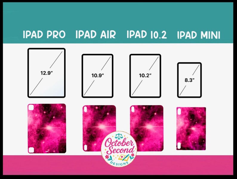 May include: Image featuring iPad Pro, Air, 10.2, and Mini models with screen sizes of 12.9", 10.9", 10.2", and 8.3". Below the iPads are cases with a pink and black galaxy design. The text "October Second Designs" is also present.