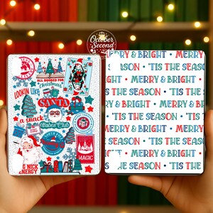 May include: Two white rectangular cases with Christmas-themed designs. One features Santa Claus, gifts, and text like "Lookin' Like Santa." The other has a repeating pattern of "Merry & Bright" and "'Tis the Season."