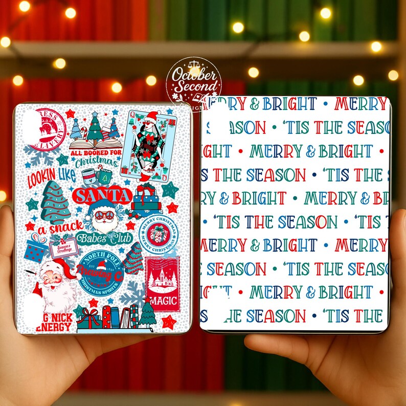 May include: Two white rectangular cases with Christmas-themed designs. One features Santa Claus, gifts, and text like "Lookin' Like Santa." The other has a repeating pattern of "Merry & Bright" and "'Tis the Season."
