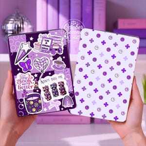 Reversible Kindle Case Insert, Purple Checker Bookish Raccoon & Happy Face Clover image 1