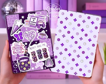 Reversible Kindle Case Insert, Purple Checker Bookish Raccoon & Happy Face Clover