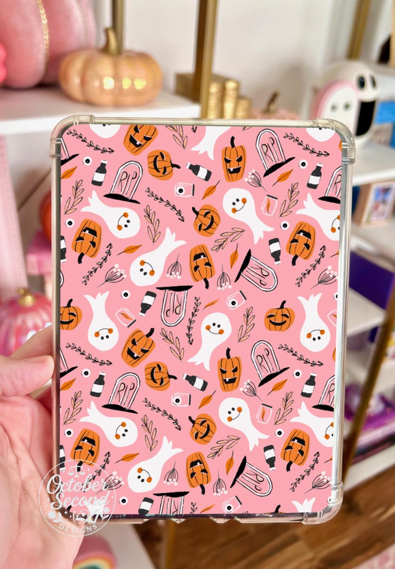 Reversible Kindle Case Insert, Haunted Dollhouse Pink Halloween Collage and Lace Pumpkin Bild 4