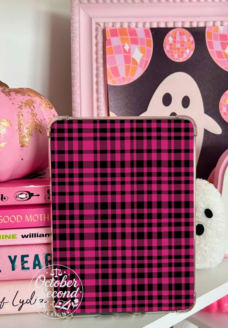 Reversible Kindle Case Insert, Hot Pink Horror Stickers and Pink Black Plaid afbeelding 6