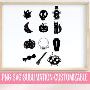 12 Hand gezeichnete Halloween niedliche Clipart SVG PNG | Trachten | Clipart | Cricut | Silhouette | Vektor | Totenköpfe | Hexe | Katze | Trank | Besen