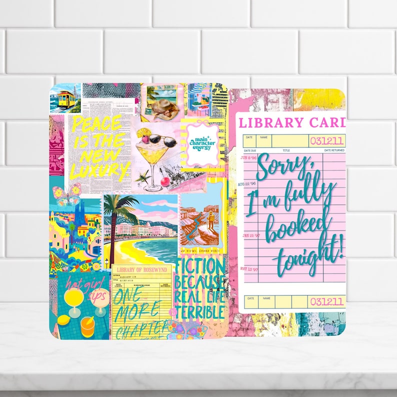 Inserto reversible para funda Kindle, collage literario y estampado de tarjeta de biblioteca — Personaje principal: Chica sexy con energía bebiendo imagen 5