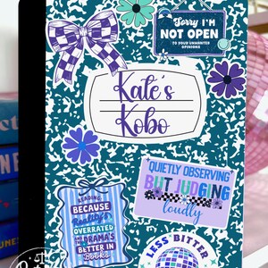 Inserto reversible para funda Kindle, cuaderno de composición personalizado, estampado de pegatinas, rayas azul marino y verde azulado imagen 2