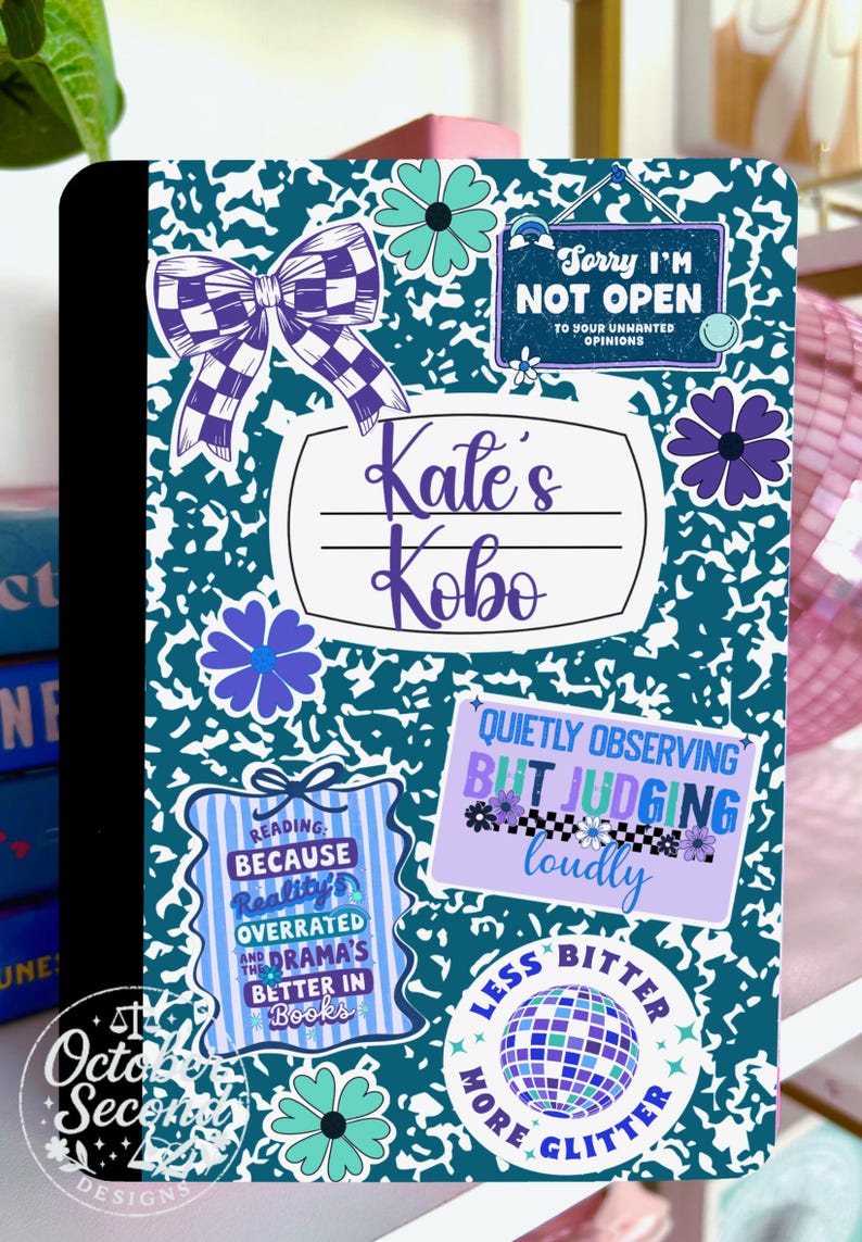 Inserto reversible para funda Kindle, cuaderno de composición personalizado, estampado de pegatinas, rayas azul marino y verde azulado imagen 2