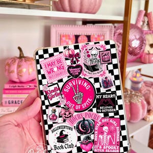 Reversible Kindle Case Insert, Hot Pink Horror Stickers and Pink Black Plaid afbeelding 3