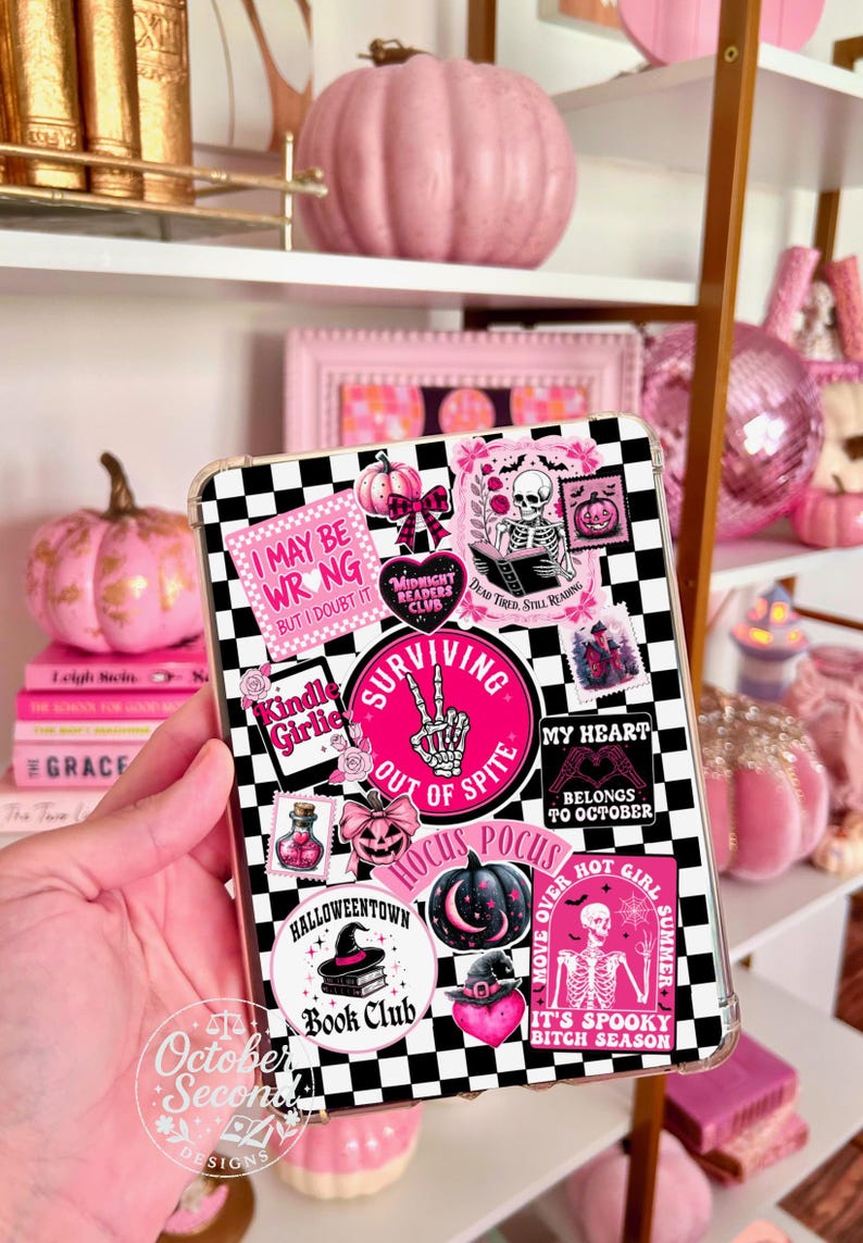 Reversible Kindle Case Insert, Hot Pink Horror Stickers and Pink Black Plaid afbeelding 3