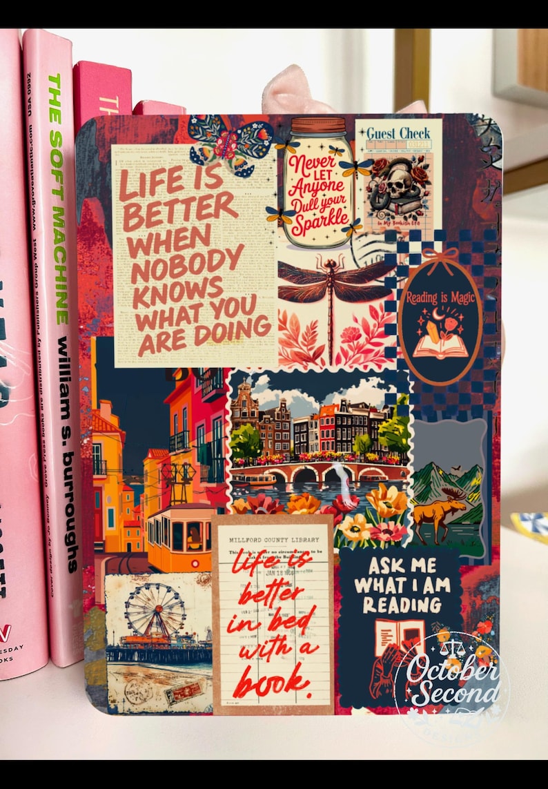 Reversible Kindle Case Insert, Eclectic Bookish Travel Collage & Abstract Brushstroke afbeelding 2