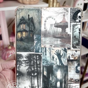 Inserto reversible para funda Kindle, collage de fotos gótico de Halloween y cuadros blancos y negros. imagen 6