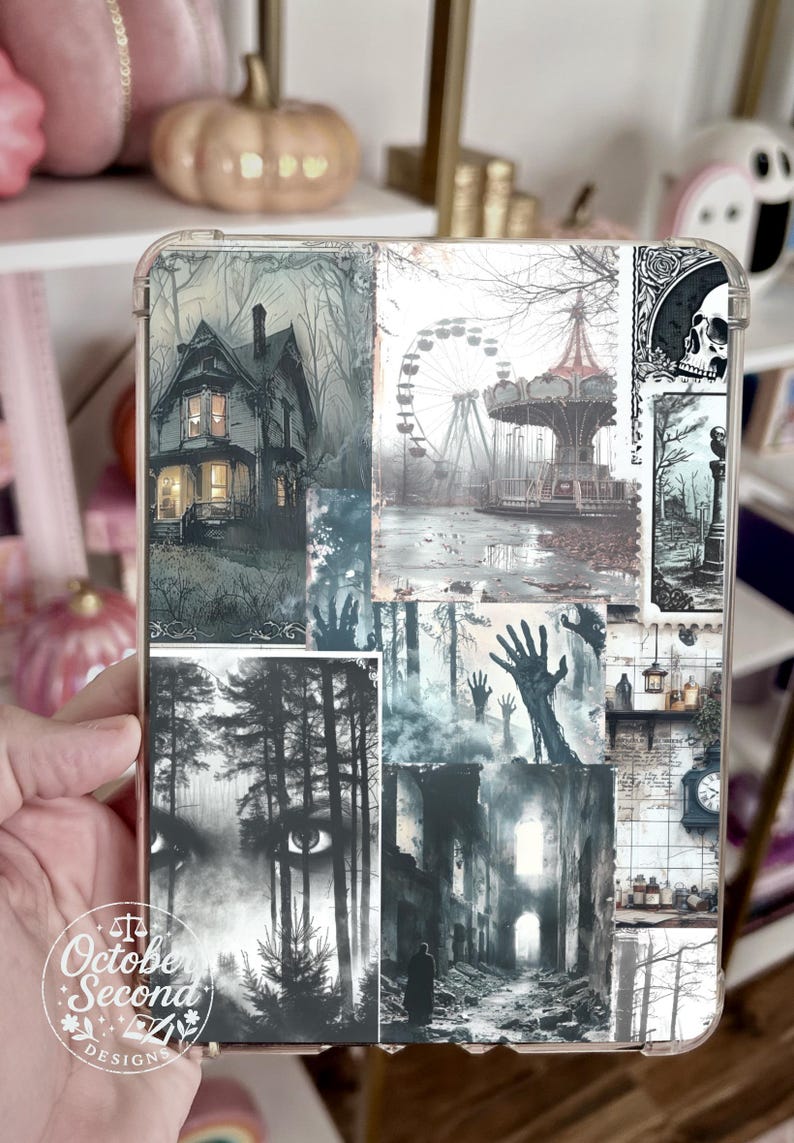 Inserto reversible para funda Kindle, collage de fotos gótico de Halloween y cuadros blancos y negros. imagen 6