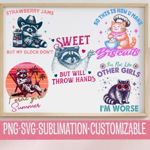 Paquete de frases sarcásticas de mapaches y animales atrevidos, SVG y PNG, lindas y coloridas, descarga instantánea, frases sarcásticas, Trash Panda, uso comercial
