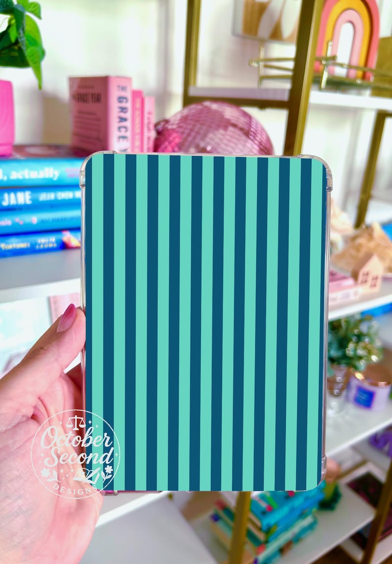 Inserto reversible para funda Kindle, cuaderno de composición personalizado, estampado de pegatinas, rayas azul marino y verde azulado imagen 5