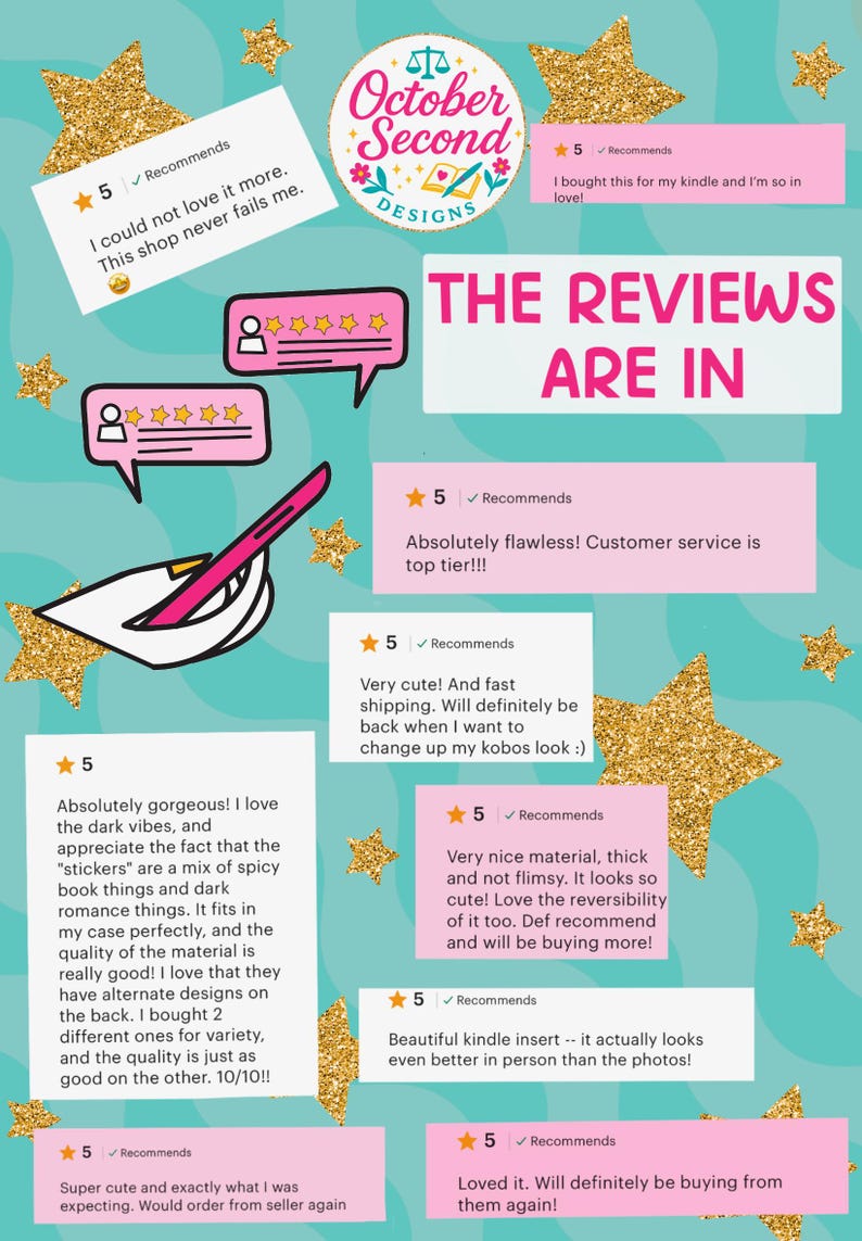 The image is a colorful and detailed review of a Kindle book, featuring a pink and gold design, with a star-filled background. The review highlights the book's customer service, the quality of the book, and the overall user experience. The review includes a rating of 5 stars and a comment that the book is "very cute!" and "super cute!" The review also mentions that the book is "recommended" and "will definitely be buying from them again!"
