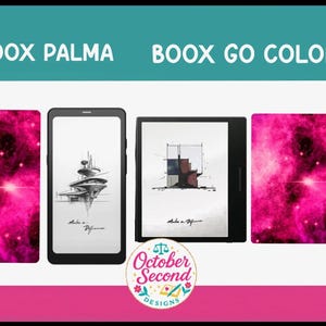 May include: Image features two e-readers, a BOOX PALMA and a BOOX GO COLOR 7, with their respective covers. The covers display a vibrant pink nebula design. The e-readers show architectural sketches on their screens. The text "October Second Designs" is also visible.