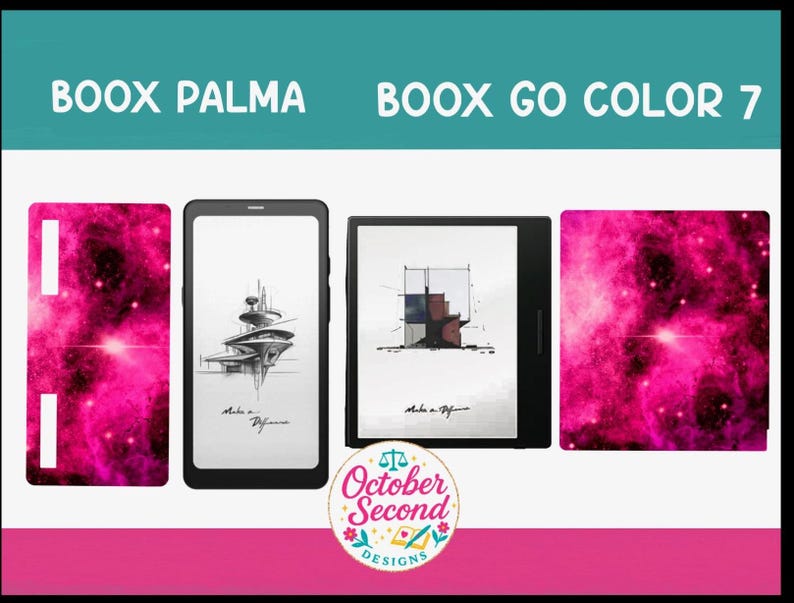 May include: Image features two e-readers, a BOOX PALMA and a BOOX GO COLOR 7, with their respective covers. The covers display a vibrant pink nebula design. The e-readers show architectural sketches on their screens. The text "October Second Designs" is also visible.