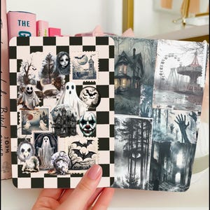 Inserto reversible para funda Kindle, collage de fotos gótico de Halloween y cuadros blancos y negros. imagen 1