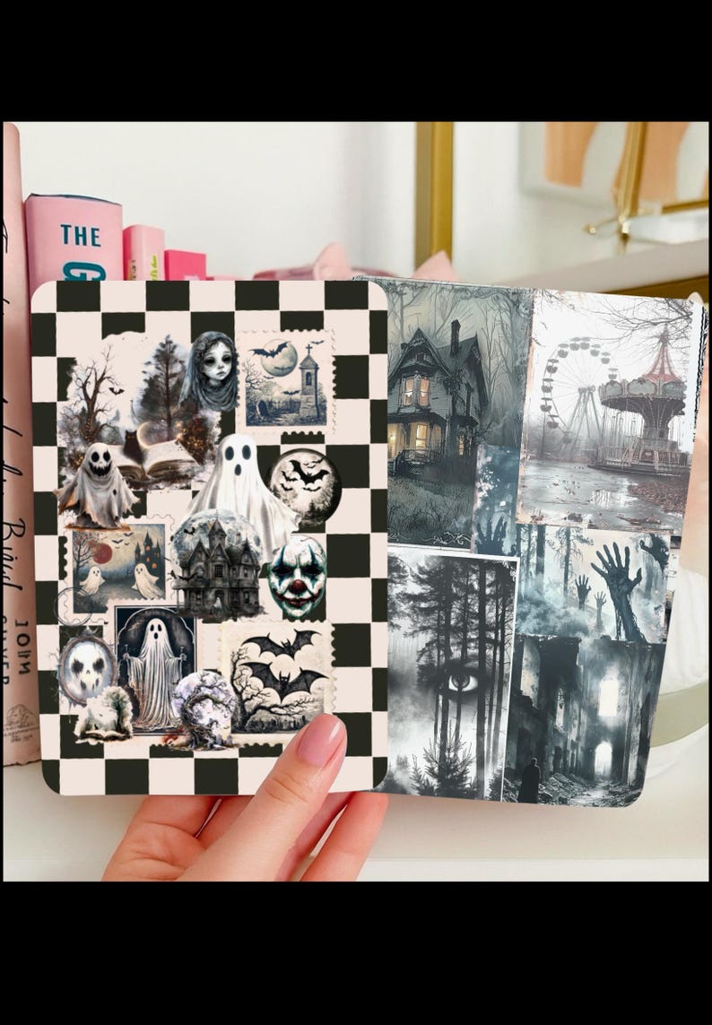 Inserto reversible para funda Kindle, collage de fotos gótico de Halloween y cuadros blancos y negros. imagen 1