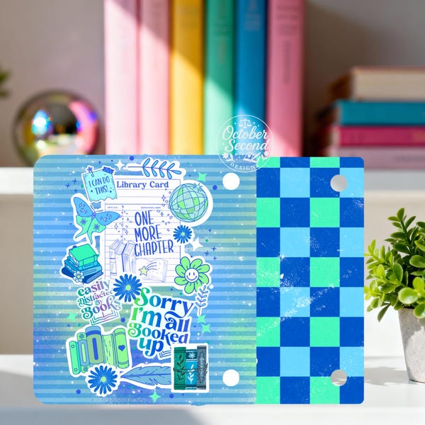 Reversible Kobo Libra Clara Case Insert, Bookish Sticker Art, Blue Green Checkerboard