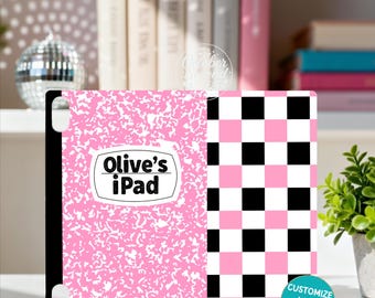 Reversible iPad Case Insert, Custom Name Pink Composition Notebook & Pink Black Checker