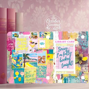 May include: A decorative book sleeve with a collage design featuring travel and cocktail illustrations, and the text "Peace is the new lottery" and "Fiction because real life terrible." A library card graphic reads "Sorry, I'm fully booked tonight!"