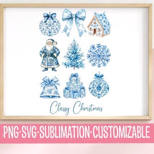 Natal elegante - PNG SVG de feriado elegante - Decoração azul e branca, floco de neve, Papai Noel, enfeites, árvore, laço, caixas de presente, chique