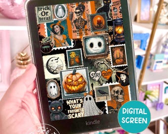 Vintage Halloween Horror Collage Kindle Lock Screen, Orange Black Spooky Digital Download