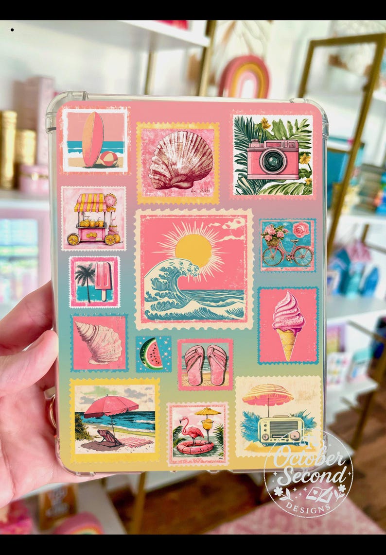 Reversible Kindle Case Insert, Vintage Beach Postcard Stamp Collage, Pink Coastal Bild 3