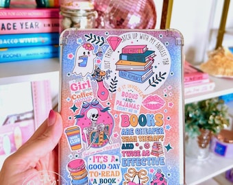 Reversible Kindle Case Insert, Pastel Ghost and Skeleton Bookish Collage