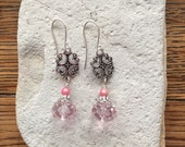 Pink Czech Glass with Silver Oval Focal Earrings