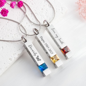 Personalized Birthstone Ashes Necklace, Urn Necklace Memorial, Custom Engraved Bar Necklace, Cremation Jewelry for Human or Pets Ashes
